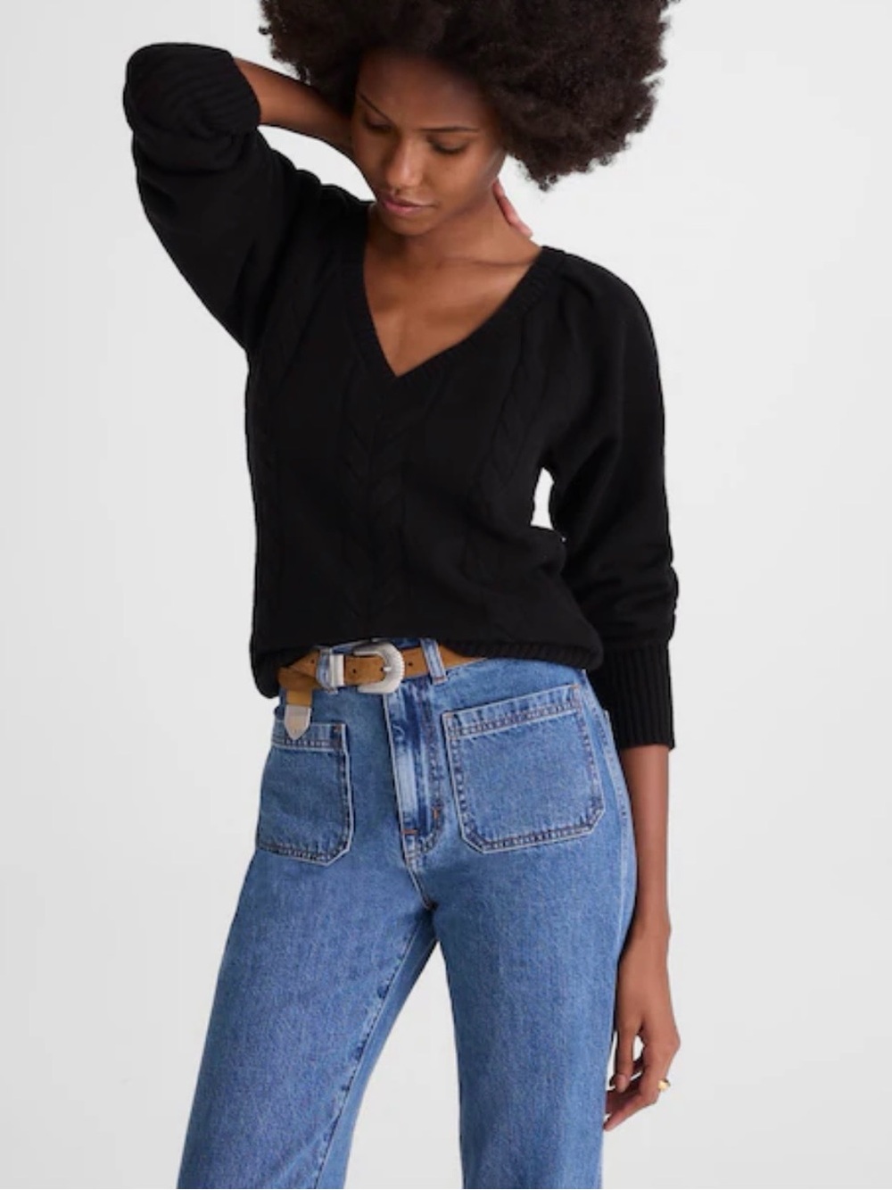 Madewell V-Neck Merino Wool Cable Knit Sweater Black XXS NWT